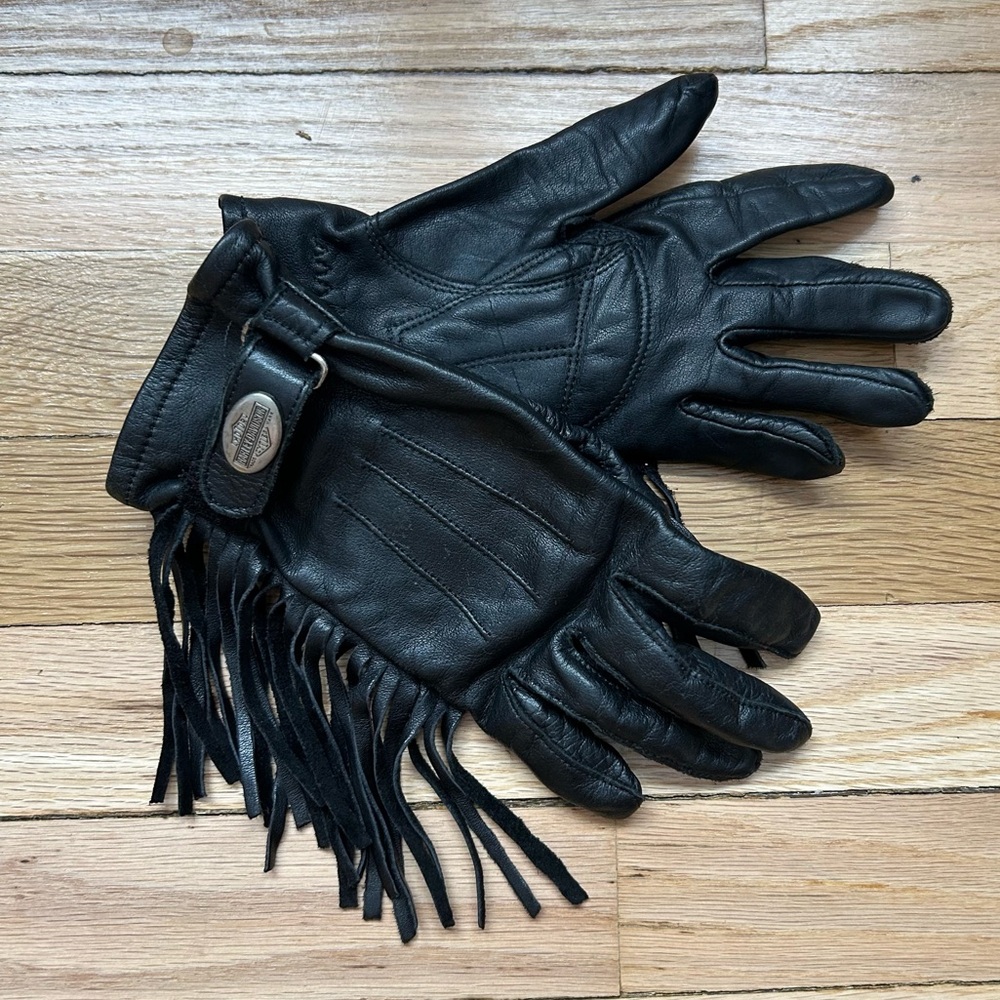 VTG 90s HARLEY DAVISON Black Leather FRINGE Biker WOMENS Gloves - Picture 3 of 7